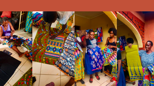 Las mujeres de Tubombele Pamo creando las bolsas africanass